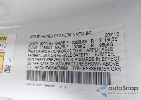 2019 Honda Accord Ex z USA, uszkodzony, nr VIN 1HGCV1F49KA074899